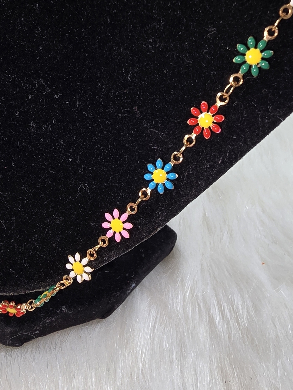 Colorful Daisies on Gold-tone  Chain Necklace